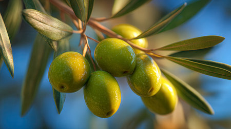 Rows of lush green olives dangle gracefully from delicate branches, framed by slender leaves under a serene blue sky, highlighting the orchard's natural charm.の写真素材