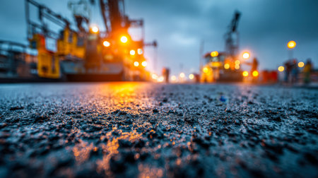 A moody, nocturnal industrial setting emphasizing a detailed, textured asphalt foreground, illuminated softly by distant, vibrant machinery lights against a stormy sの写真素材