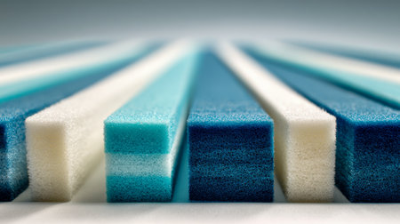 Colorful cleaning tools lined up neatly, capturing a soft focus that highlights their geometric shapes against a simple, unobtrusive backdrop.の写真素材