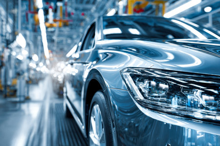 A sleek, polished automotive component gleams under bright factory lighting, its reflective finish highlighting precision craftsmanship in a high-tech assembly line.の写真素材