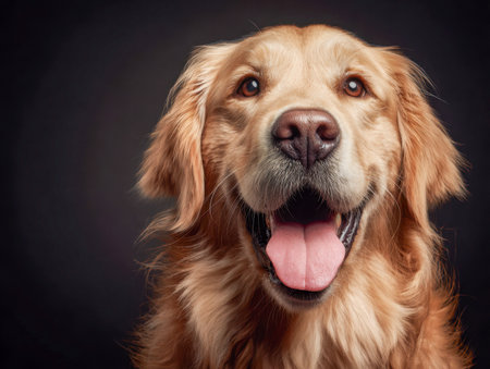 A joyful golden retriever's face lit with warmth and friendliness, its tongue playfully out, set against a sleek dark backdrop, capturing pure canine happiness.の写真素材