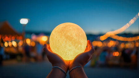 A hand cradles an illuminated orb mimicking the moon's glow, set against twinkling fairy lights and a dusky sky, creating a warm, celebratory ambiance outdoors.の写真素材