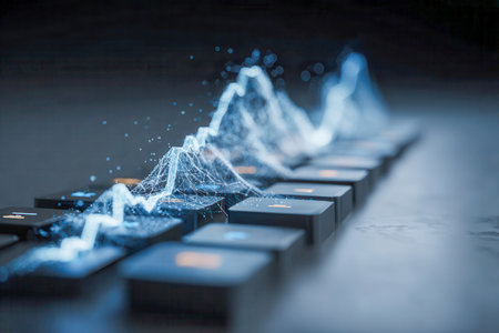 A sleek keyboard sits at the forefront as vibrant, flowing digital signals ripple upward, revealing a high-tech environment full of innovation and futuristic data flの写真素材