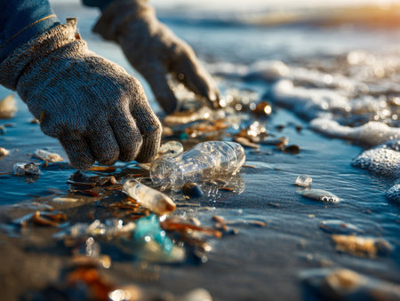As the first light of dawn breaks, an individual in protective gloves carefully gathers floating plastic and debris, embodying efforts to preserve ocean health.の写真素材