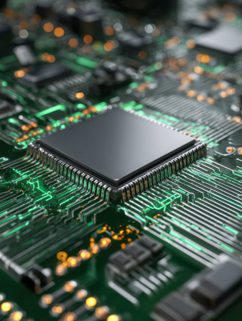 An intricate microprocessor with illuminated pathways flows across a circuit board, symbolizing cutting-edge advancements in electronics and digital innovation.の写真素材