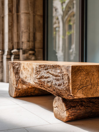 A charming, handcrafted wooden seat composed of raw logs highlights organic textures and intricate grain patterns within a luminous, architecturally refined interiorの写真素材