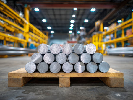 A cluster of shiny metal bars neatly arranged on a wooden platform, set against a bright warehouse with vibrant yellow racks and precisely organized storage units.の写真素材