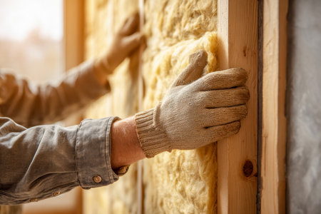 A skilled laborer carefully places dense yellow fiber glass between wooden studs, enhancing home insulation for superior energy savings and temperature control.の写真素材