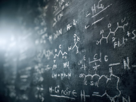 A classroom scene featuring intricate organic chemistry diagrams and equations sketched in chalk on a blackboard, capturing a focused educational setting.の写真素材