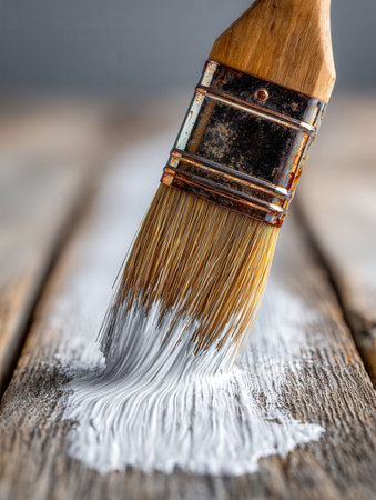 A skilled hand delicately spreads bright white pigment across weathered wood, showcasing textured strokes that emphasize artisanal detail in renovation projects.の写真素材