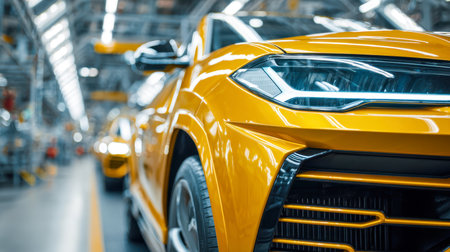 Bright, state-of-the-art lighting accentuates the streamlined silhouettes of vibrant yellow sports cars as they undergo precise assembly in a cutting-edge manufacturの写真素材