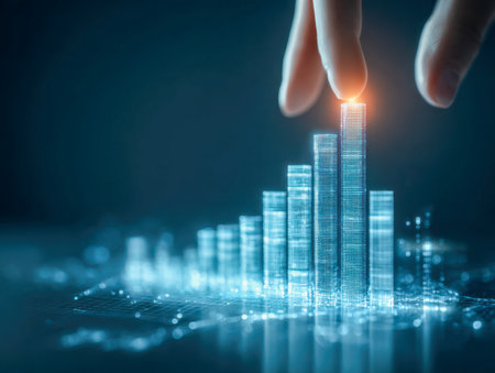 A human fingertip delicately taps a luminous, high-tech bar chart, symbolizing innovation, progress, and strategic insights in the evolving landscape of digital enteの写真素材