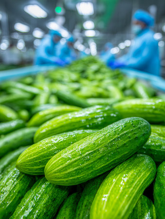 Bright green cucumbers glide along a sleek conveyor system inside a high-tech processing plant, while workers in protective gear inspect and organize the harvest.の写真素材