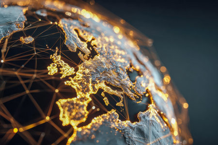 A vibrant 3d map of the world emphasizes Europe with luminous points and glowing network lines, symbolizing advanced connectivity and digital integration across contの写真素材