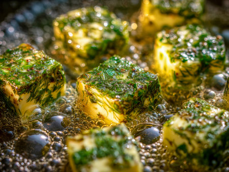 Fresh herb butter chunks melt and bubble in a pan, their vibrant green dill and seasonings creating a fragrant, appetizing scene of culinary artistry.の写真素材