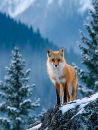 A vibrant fox on a frost-kissed outcrop surveys the tranquil winter woods, framed by evergreen giants and distant mist-shrouded peaks under soft daylight.の写真素材
