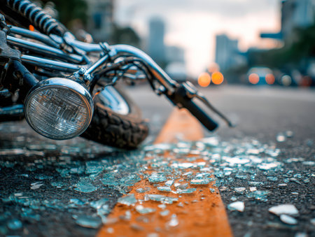 A toppled motorcycle rests amid fractured glass on the pavement, its surface shimmering gently under the subdued glow of evening in a busy cityscape.の写真素材