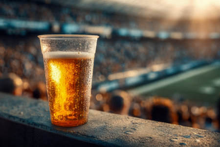 A chilled drink glistening with droplets, held in a transparent container amidst a lively, sunlit sports arena buzzing with energy and cheers.の写真素材