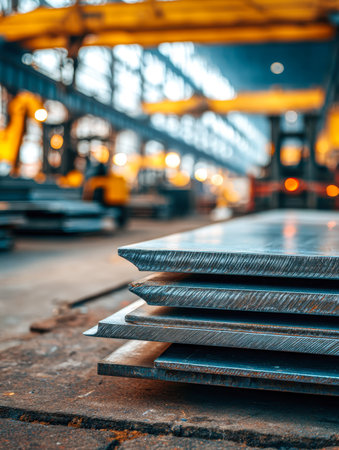 Rows of metal panels are arranged systematically in a spacious factory, with a softly blurred background revealing robust equipment and a warm, amber glow.の写真素材