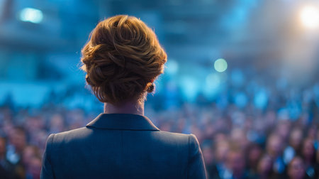 A confident woman with expertly styled hair presents passionately to an engaged crowd, illuminated by gentle stage lighting in a formal conference environment.の写真素材