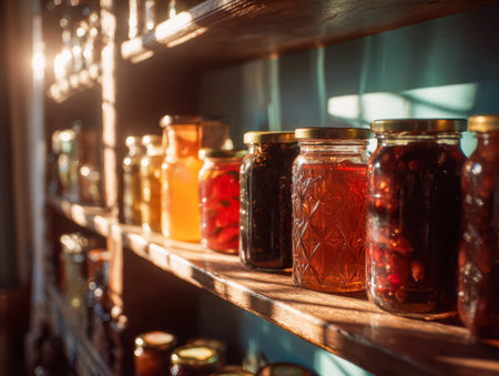Sunlit rustic shelves showcase an array of colorful jams and preserves, creating a homey, inviting atmosphere in a charming pantry setting.の写真素材