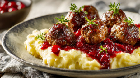 Juicy meat rounds rest atop velvety mashed potatoes, drizzled with vibrant berry glaze and sprinkled with fragrant herbs on a textured ceramic dish.の写真素材