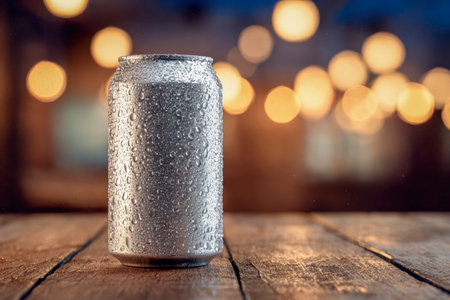 A frosty drink container glistens with tiny moisture beads, nestled on aged wooden planks, illuminated by cozy glow and blurred sunset lights for a relaxed evening vの写真素材