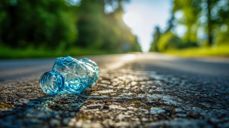 A discarded plastic container lies crumpled on a sunlit asphalt surface, with lush greenery softly blurred behind, highlighting environmental neglect and outdoor sceneの写真素材