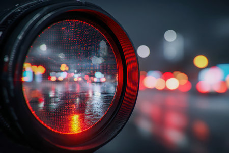 A city night scene captured through a camera lens, showcasing glowing red and orange reflections on a rain-soaked pavement, with a soft, colorful urban bokeh backdroの写真素材