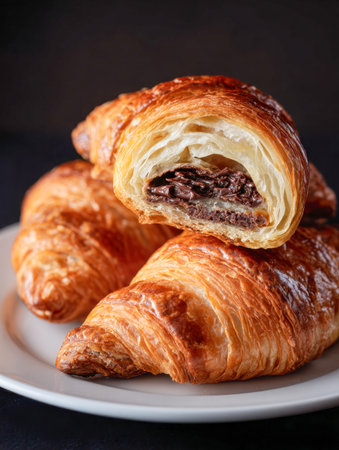 Golden, layered pastries bursting with velvety chocolate are artfully arranged on a pristine white dish, creating an irresistible morning indulgence set against a drの写真素材