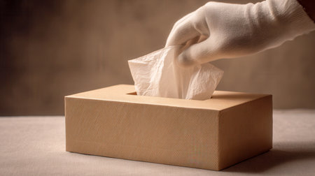 A pristine white-gloved hand delicately retrieves a tissue from a beige textured box, set against a subtle brown backdrop, evoking elegance and gentle care.の写真素材