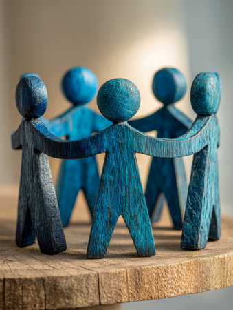 Colorful wooden icons arranged in a circle, grasping hands on rustic wood, embodying harmony, collective effort, and shared purpose.の写真素材