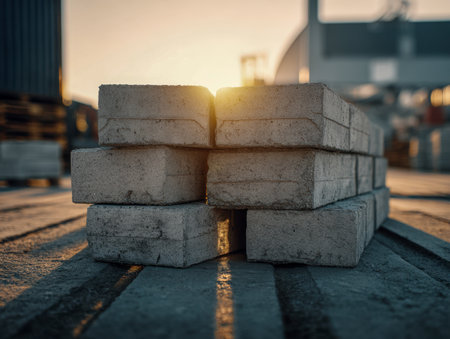 Weathered concrete blocks are arranged in neat piles on a rugged industrial ground, basking in the glow of evening's golden light, evoking a sense of quiet craftsmanship.の写真素材