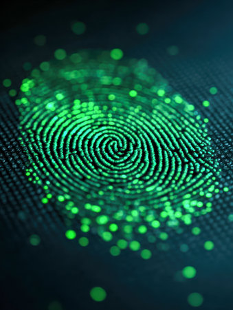 A sleek, high-tech interface features a luminous green fingerprint outline illuminated by vibrant neon lines, symbolizing advanced biometric authentication in a futuの写真素材