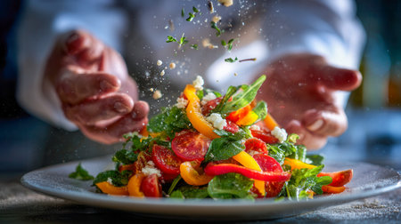 A chef's hands sprinkled seasoning over a vibrant mix of crunchy peppers, ripe tomatoes, lush spinach, and creamy cheese in a lively, colorful kitchen scene.の写真素材