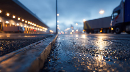A glossy, rain-soaked road mirrors gentle twilight hues amid bustling cargo vehicles and a brightly lit storage facility, capturing a vibrant industrial scene.の写真素材