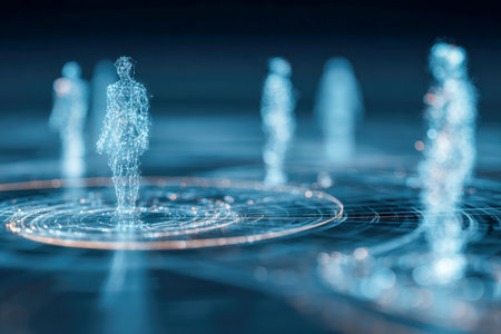 Luminous humanoid forms crafted from networked light nodes hover above radiant data discs in a sleek, cybernetic realm symbolizing advanced virtual connectivity.の写真素材