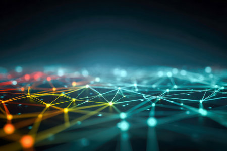 A dynamic composition of luminous nodes and interconnecting lines in vivid hues, illustrating the intricate pathways of digital information and advanced technologicaの写真素材