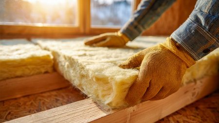 A skilled laborer in safety gear carefully secures bright yellow insulation panels onto timber framing, bathed in natural light streaming through a sunlit window.の写真素材