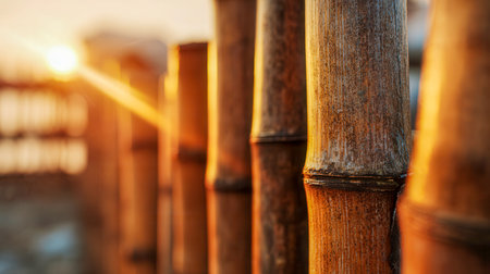 Warm evening light bathes aged bamboo posts, casting gentle shadows in a serene natural scene that exudes calmness and timeless tranquility at dusk.の写真素材