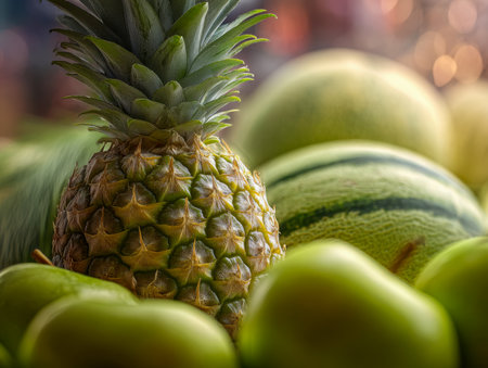 A colorful arrangement of tropical fruits, featuring a golden pineapple nestled among glossy green apples and smooth melons, illuminated softly to emphasize rich texの写真素材