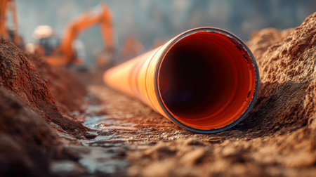 A bright orange conduit rests in a narrow excavation, surrounded by soil, as a heavy-duty machine operates nearby, indicating active infrastructure development.の写真素材