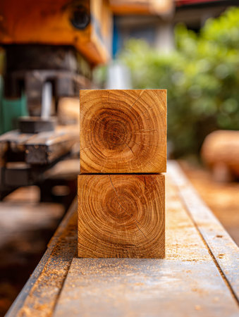 Crafted wooden cubes display intricate grain patterns and growth rings, resting on a metal work surface amidst sawdust, capturing the rustic essence of outdoor carpeの写真素材