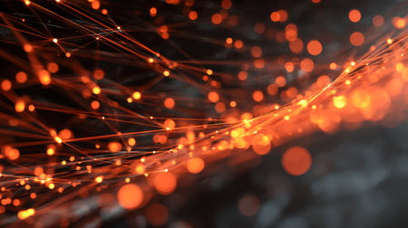 Vibrant orange LED-like pathways weave intricate patterns across a dark backdrop, symbolizing advanced digital communication and seamless technological integration.の写真素材