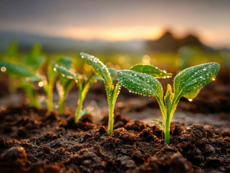 Fresh young sprouts glisten with dew under a warm dawn glow, emerging from rich earth in a lively field showing nature?s renewed vitality.の写真素材