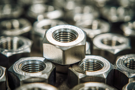A gleaming cluster of hexagonal nuts arranged in a balanced stack, with a single piece raised to highlight essential fasteners used in engineering projects.の写真素材