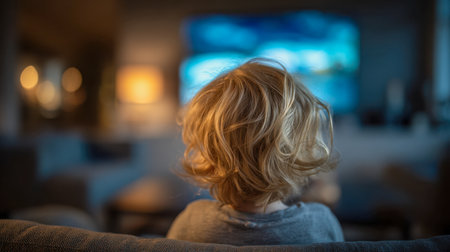 A cheerful young kid with messy blonde hair relaxes on a comfy sofa, captivated by the vibrant glow of a television in a snug, softly illuminated living space.の写真素材
