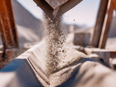Bright outdoor scene showcasing a mining operation where sand and gravel cascade from a conveyor, illuminated dust particles shimmer in the sun's rays.の写真素材