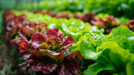 Sunlit garden beds burst with lush, colorful lettuce varieties, highlighting nature's bounty and the promise of fresh, wholesome produce at peak ripeness.の写真素材