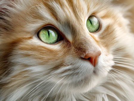 A close-up of a velvety ginger feline, its vibrant eyes and plush fur conveying a tranquil curiosity, bathed in gentle natural sunlight.の写真素材